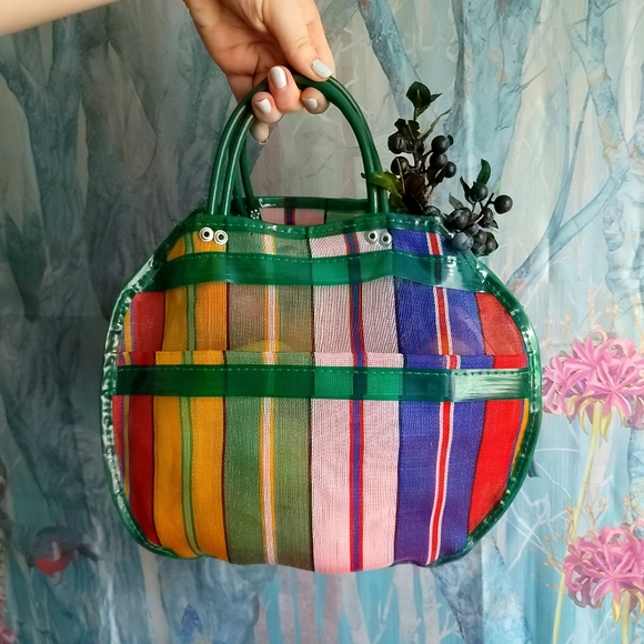 Vintage Handbags - Vintage Stripped Plastic Mesh Round Tote